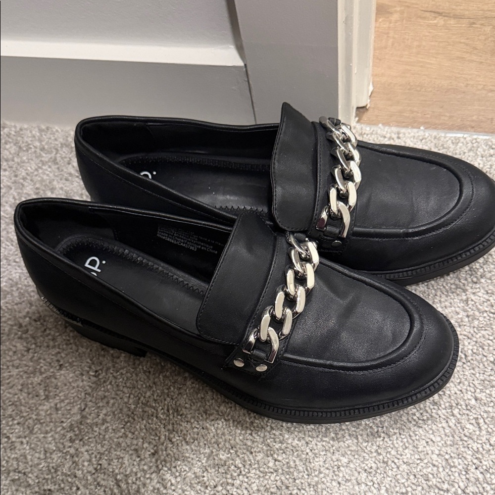 BP Black Faux Leather Loafers with Silver Chain